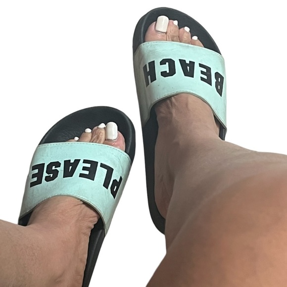 VICTORIA'S SECRET PINK "Beach Please" Single Strap Slides Sz M 7-8 Green & Black - Picture 4 of 7